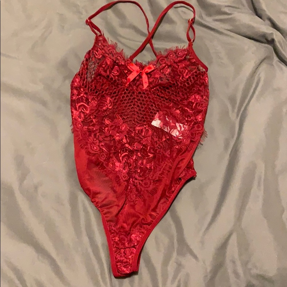 Deep red lace lingerie bodysuit